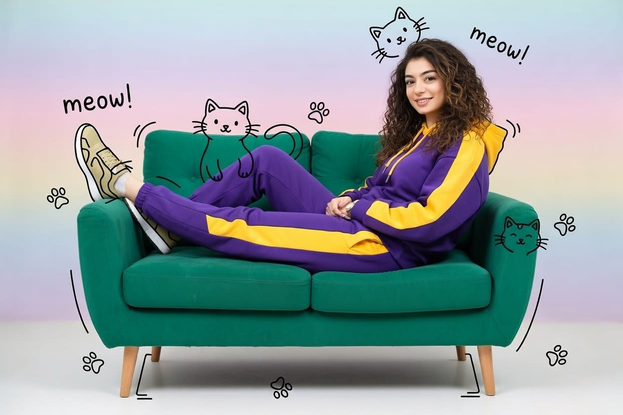 Playful Lifestyle Portrait with Doodle Art on Colorful Armchair