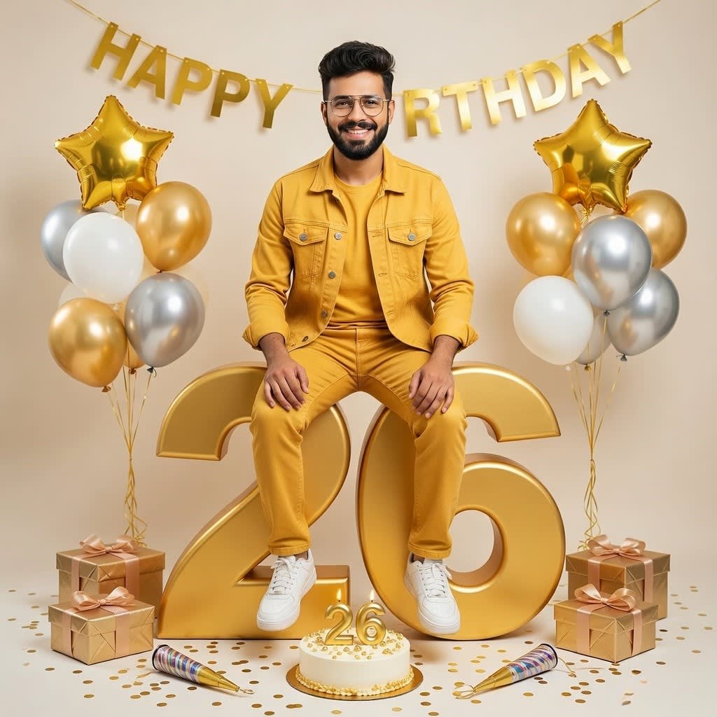 Stylish Man Sitting on Large 3D Number with Birthday Celebration Setup