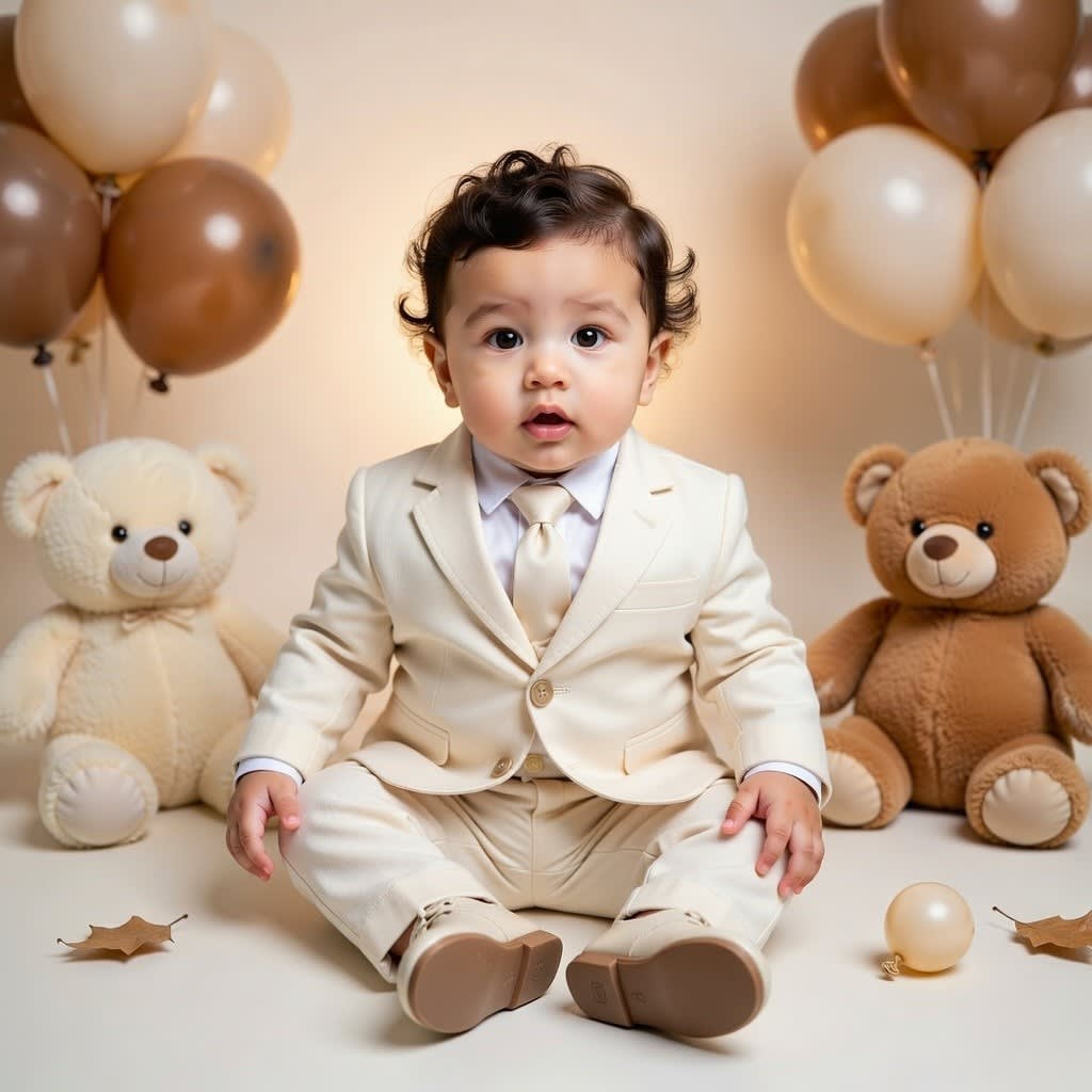 Luxury Baby Boy Portrait in Brown Suit with Balloons and Teddy Bears Studio Setup