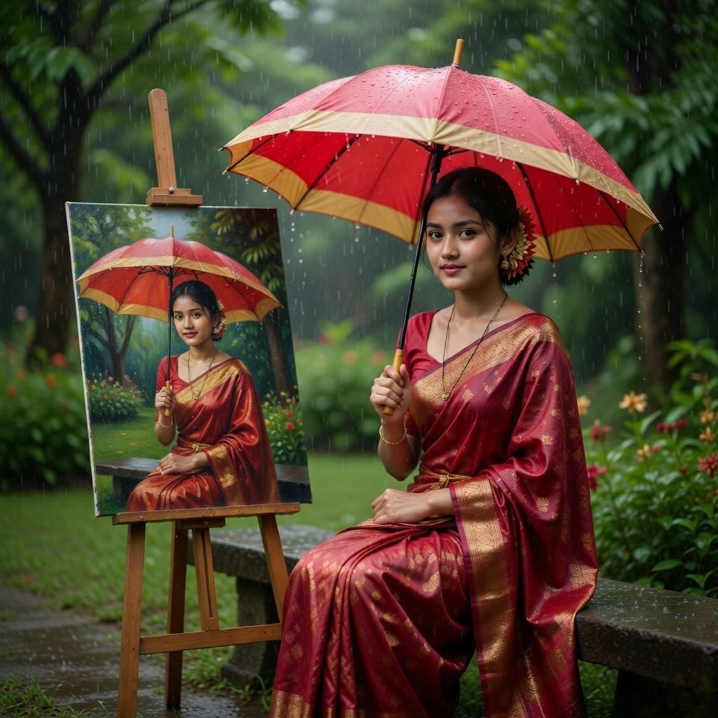 Rainy Garden Portrait with Umbrella and Artistic Canvas in Primary Color Theme