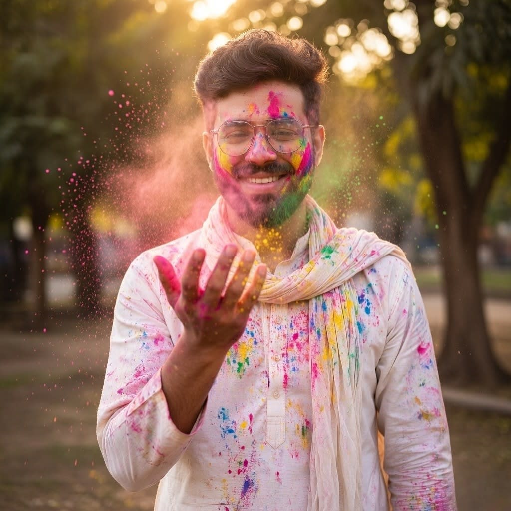 Happy Person celebrating Holi festival with colorful powder explosion in golden sunlight