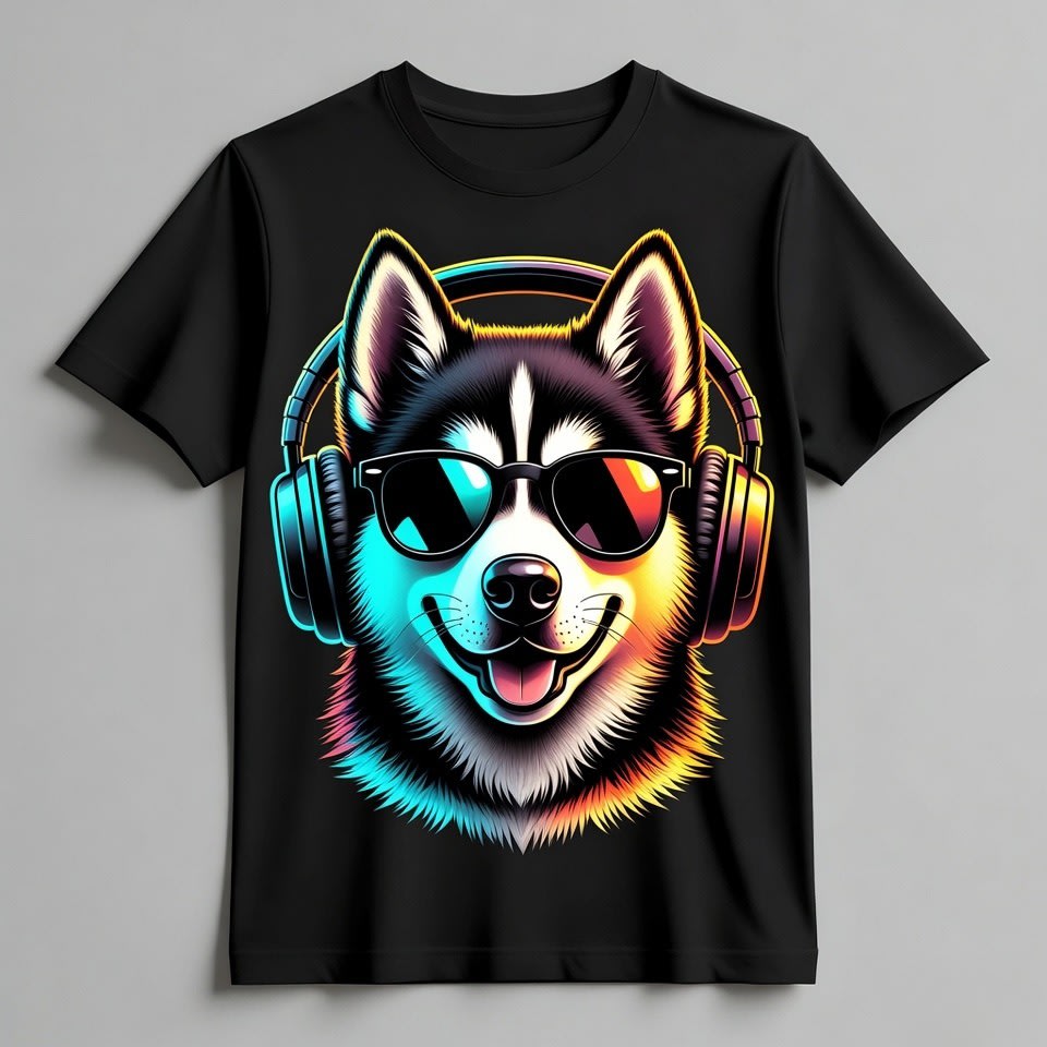 Cool Neon Headphone Animal T-Shirt Design on Colored Shirt