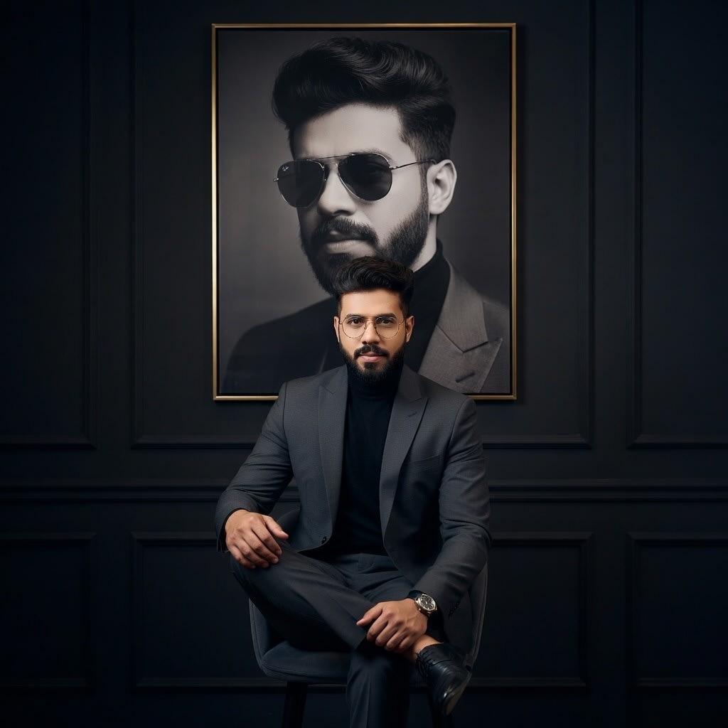 Luxury Cinematic Portrait of Confident Man with Framed Black and White Background