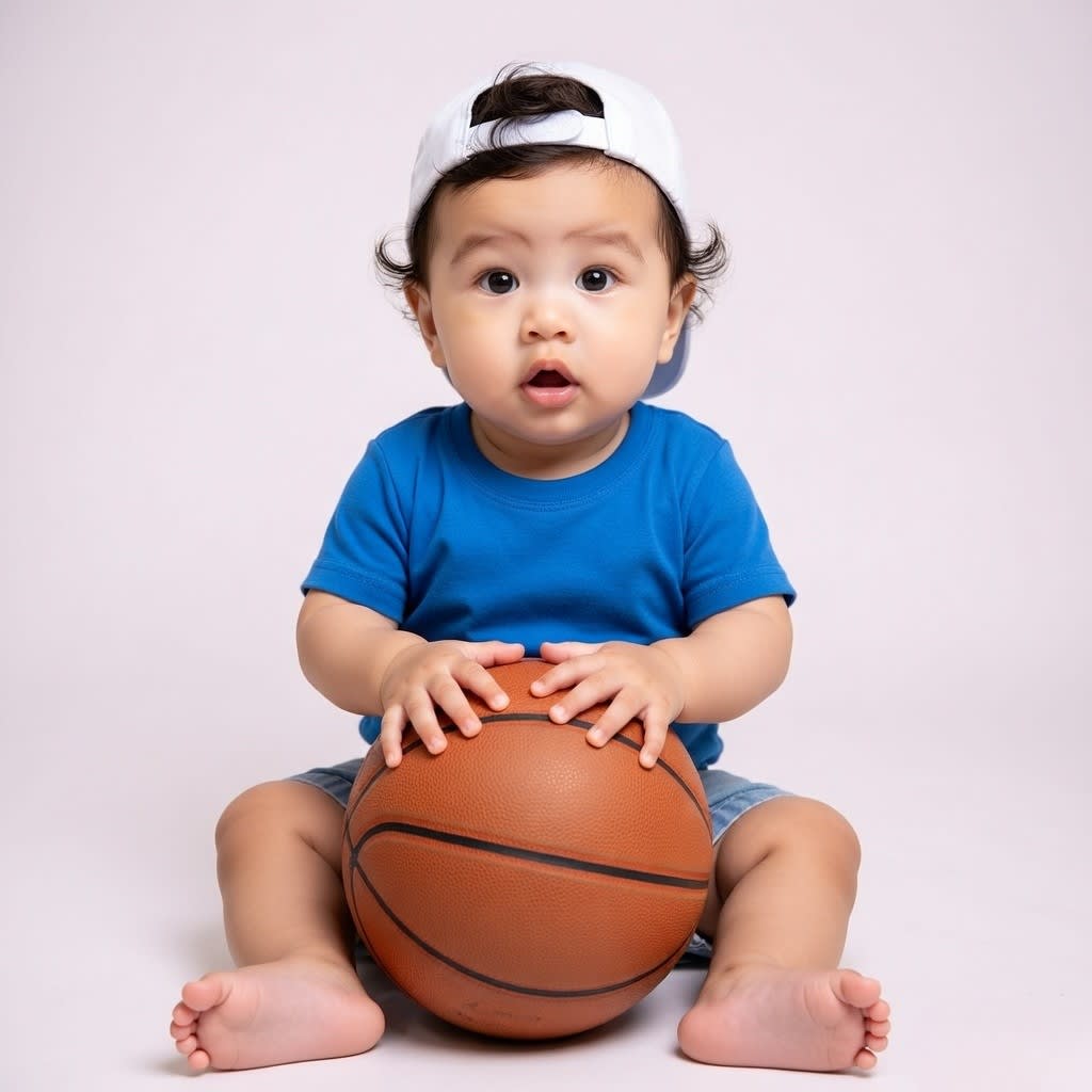 Cute toddler sitting with basketball in studio setting