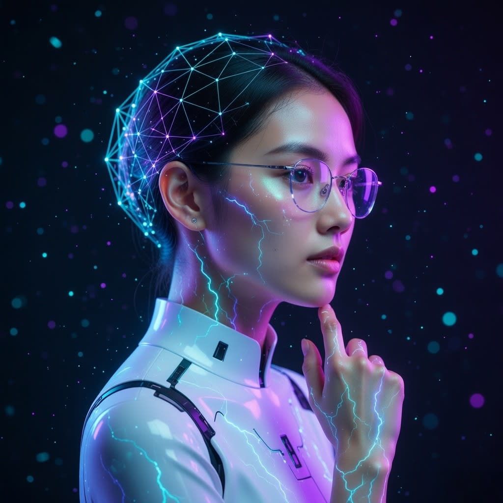 Futuristic AI Cyberpunk Portrait Person with Neon Energy and Digital Mesh Overlay