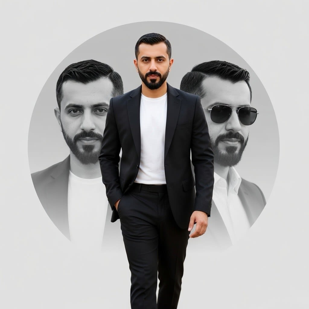 Modern Fashion Editorial Poster with Confident Full Body Portrait and Dual Background Faces