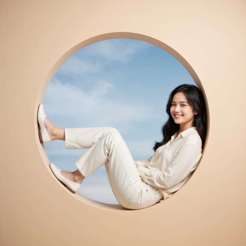Minimal Editorial Full Body Person Portrait in Circular Frame with Floating Pose