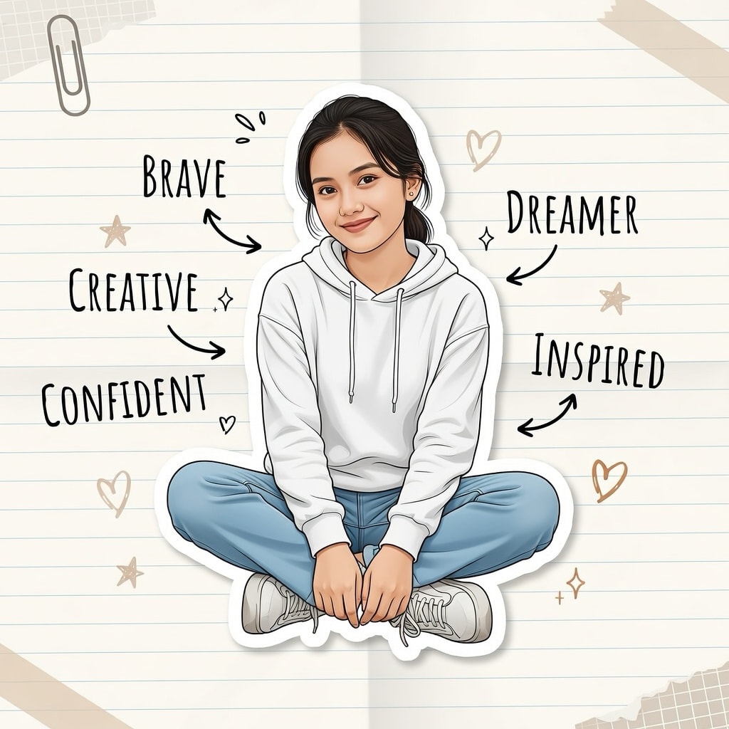 Modern Sticker Style Portrait Person with Hoodie and Motivational Doodle Elements — AI design template — Identity, women, ...