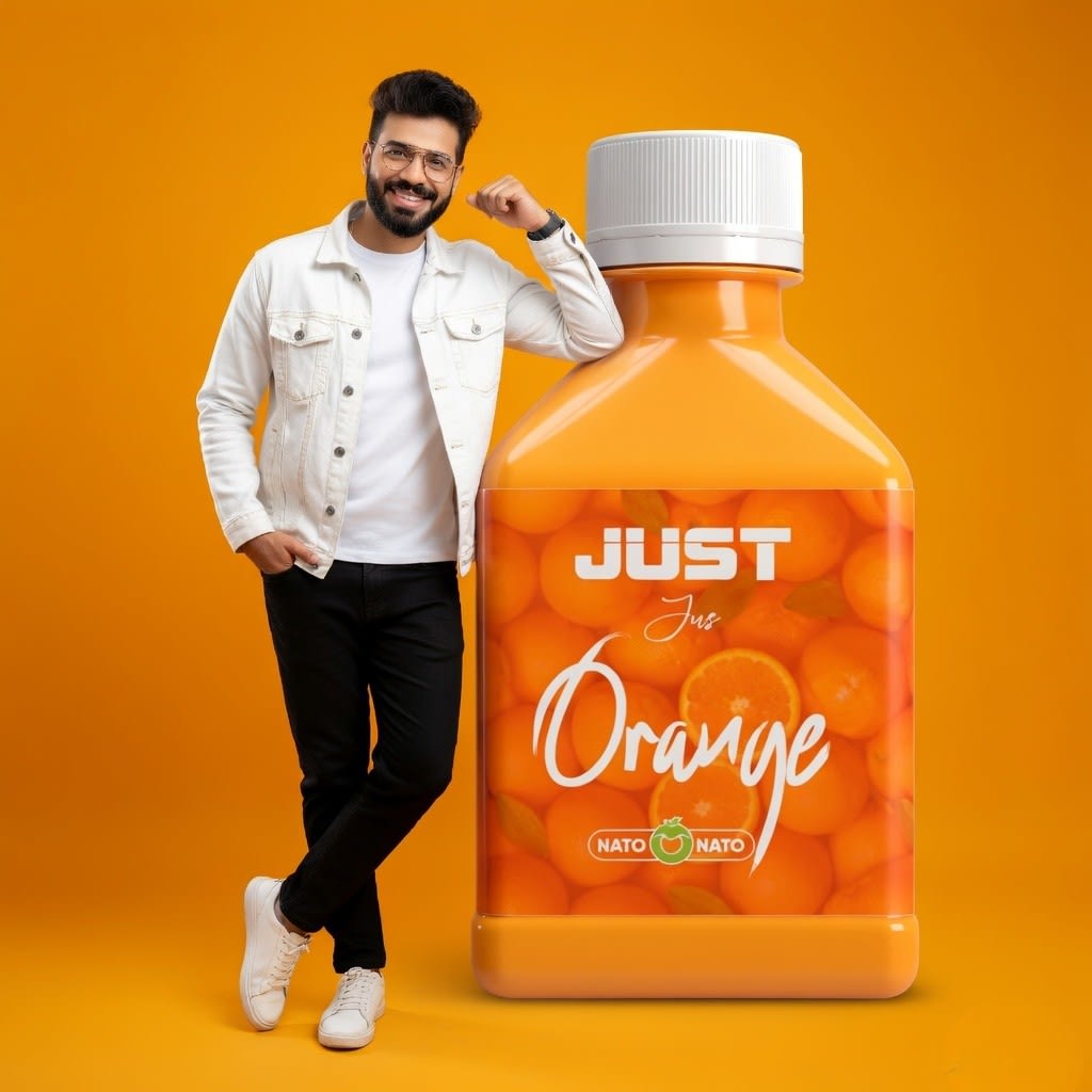 Premium Studio Person Advertising Portrait with Oversized Custom Bottle Product — AI design template — juice bottle, creat...
