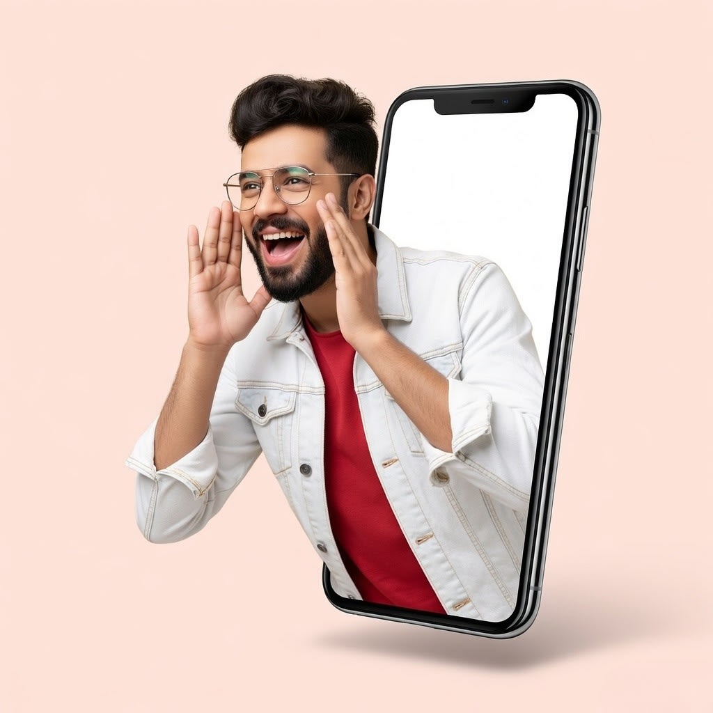 Excited Person Emerging from Smartphone Screen with Shouting Expression on Minimal Background — AI design template — Adver...