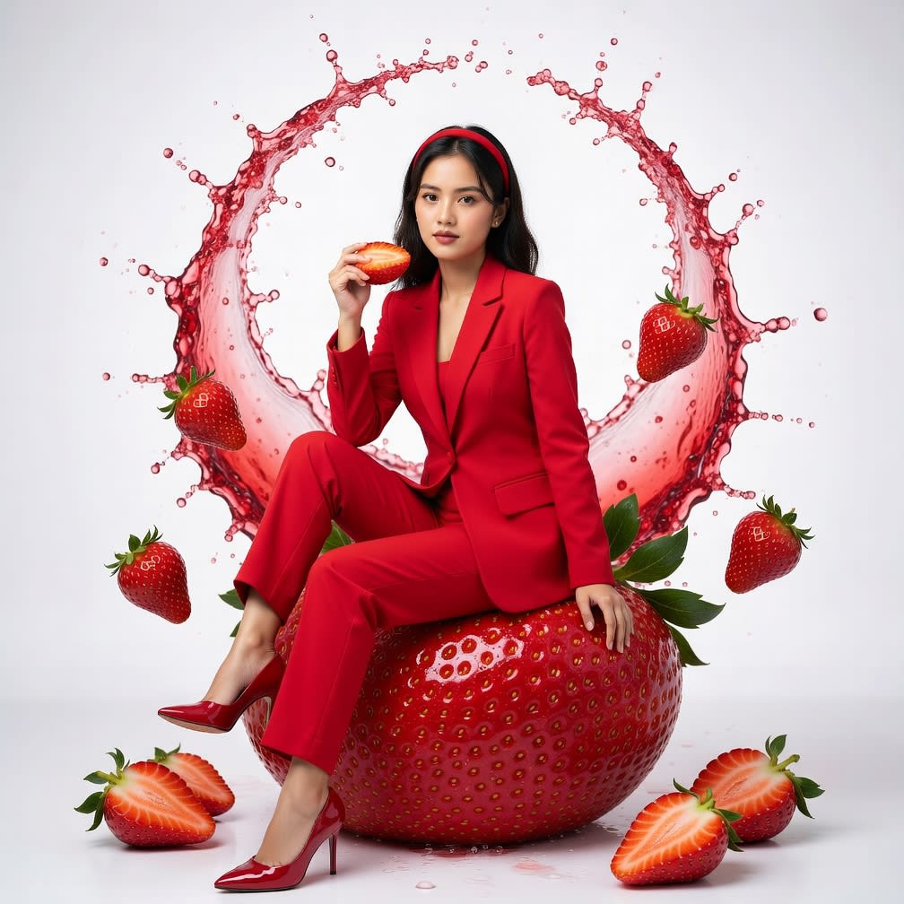 Creative Fruit Fashion Portrait Person Sitting on Fruit Splash Background in Vibrant Studio Style — AI design template — A...