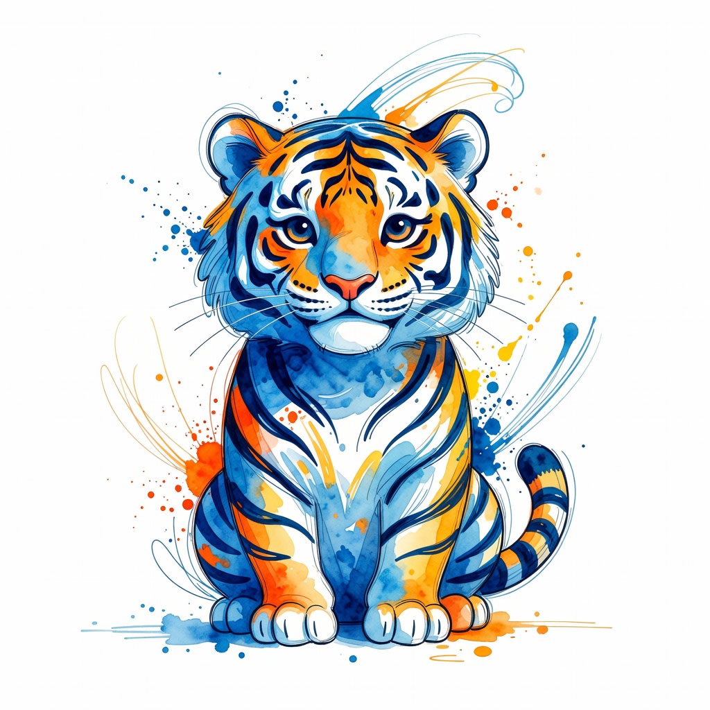 Colorful Watercolor tiger Illustration with Ink Splash Artistic Style — AI design template — tiger, watercolor, watercolou...