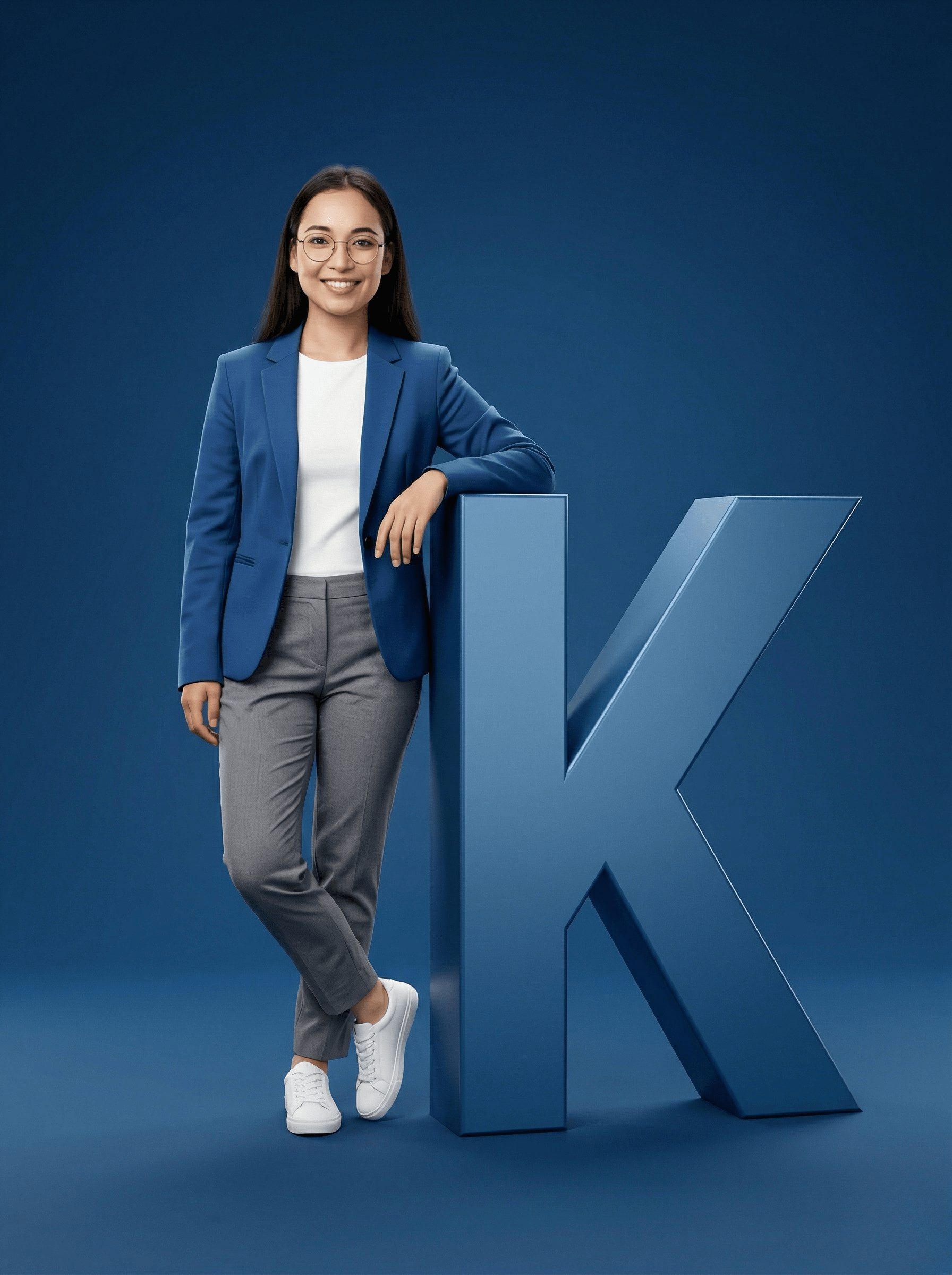 Confident Person Leaning on 3D Alphabet Letter in Minimal Studio Background