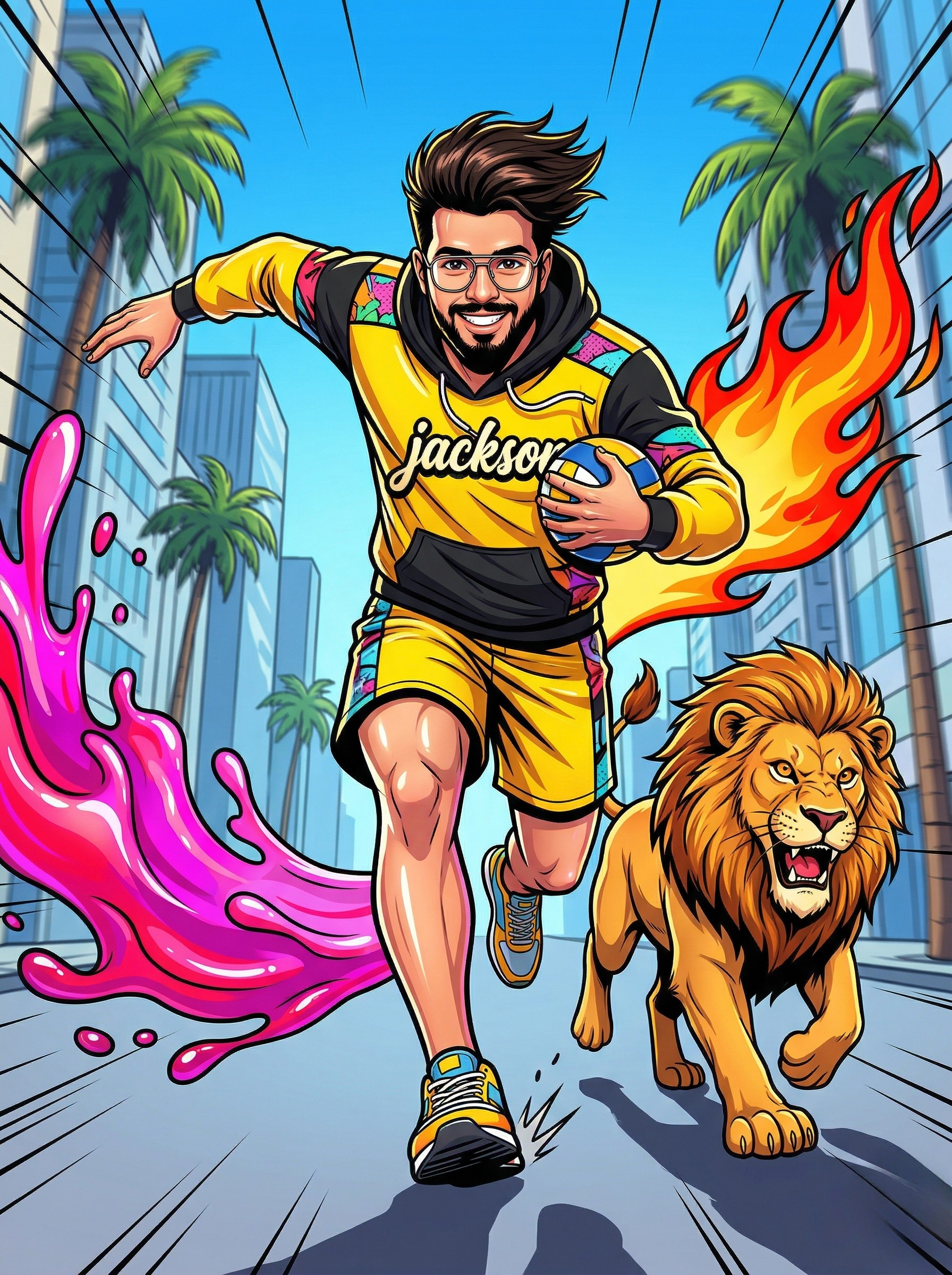 Dynamic Pop Art Street Action Portrait with Custom Character and Comic Effects