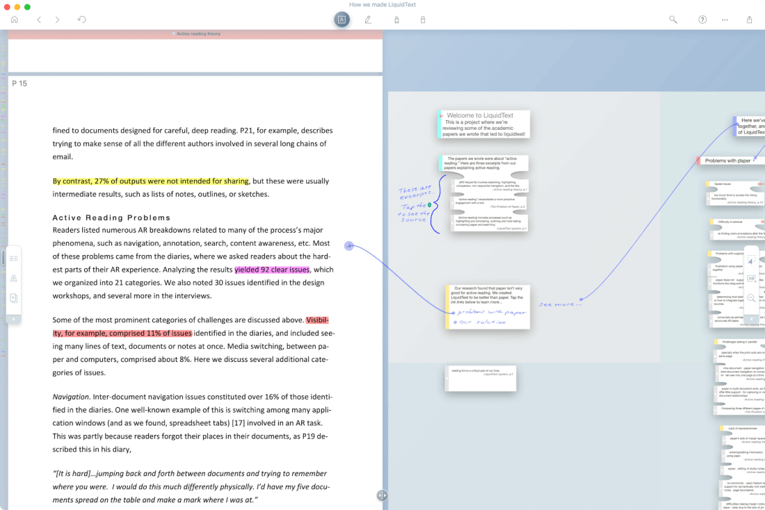 A interface do LiquidText com a transpontação entre seções de texto