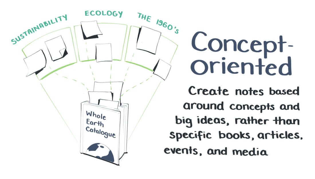 Notes should be concept-oriented. This means they're based around big ideas rather than specific books, articles, or media