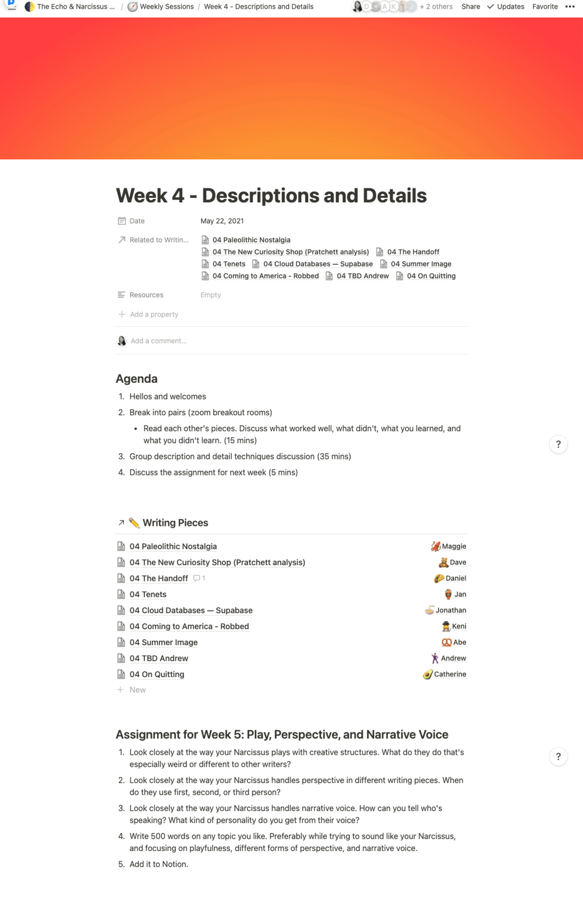 The agenda, writing pieces, and homework assignment for week 4 of the club