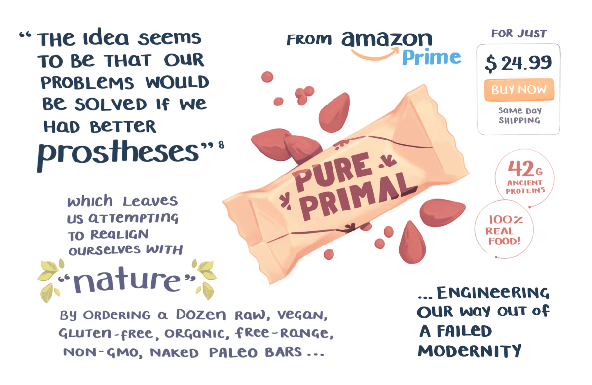 The idea seems to be that our problems would be solved if we had better prostheses. Which leaves us attempting to realign ourselves with nature by ordering a dozen raw, vegan, gluten free, organic, free-range, non-gmo, naked paleo bars