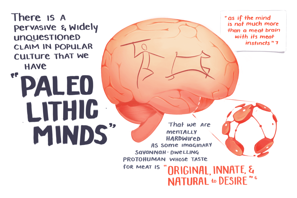 There is a pervasive and widely unquestioned claim in popular culture that we have paleolithic minds. That we are mentally hardwired as some imaginary savannah dwelling protohuman whose taste for meat is 'original, innate, and natural to desire'