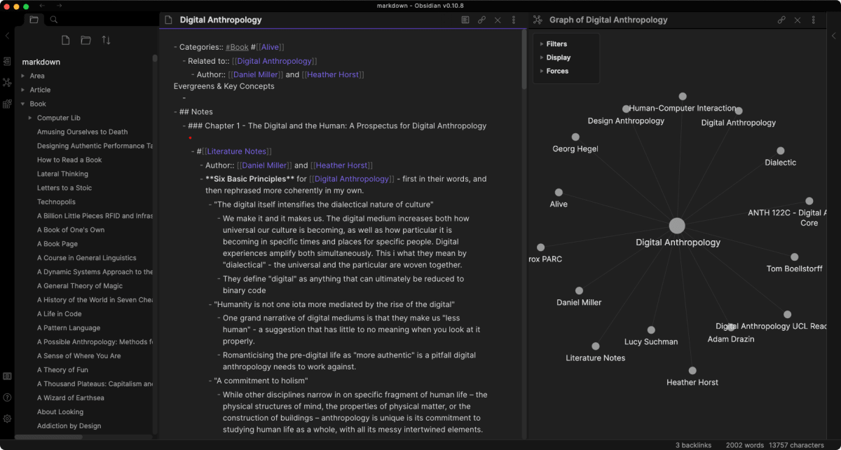 What the Obsidian desktop app looks like with markdown notes and a visual graph
