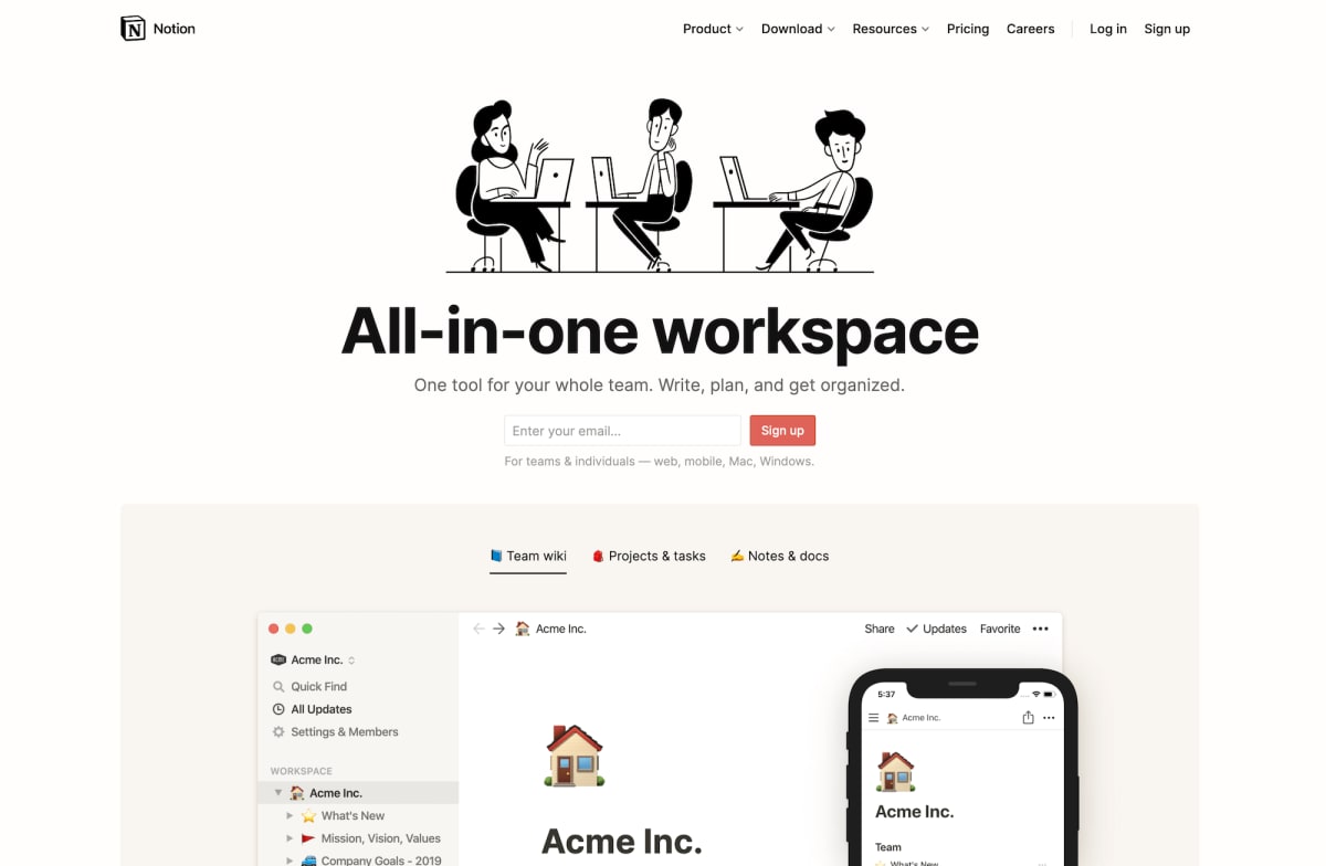 The Notion homepage which presents itself as a notes app for teams