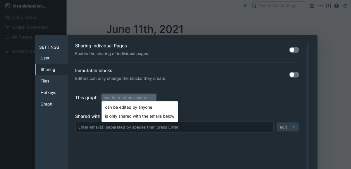 The Roam settings panel where you can select who can read or edit a graph