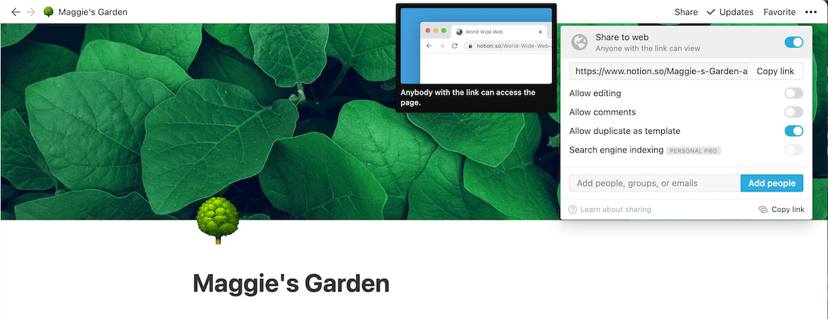 An example of where to find Notion's 'Share to Web' settings