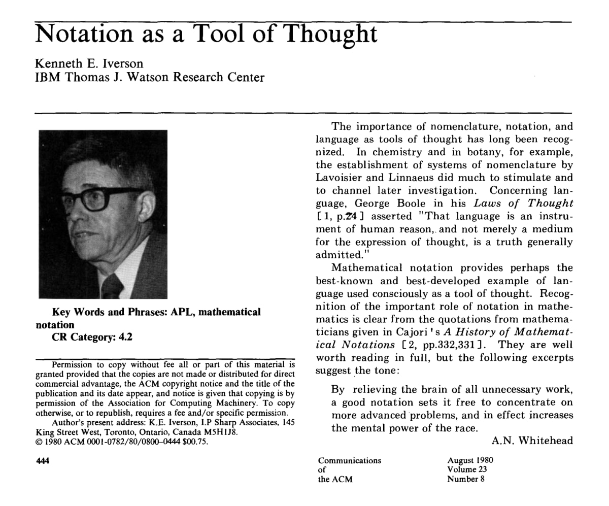 Iverson's 1979 paper on mathematical notation as a tool for thought