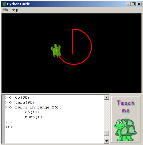 A classic example of a logo-based interface where you direct a small turtle around a canvas. Source: pythonturtle.org