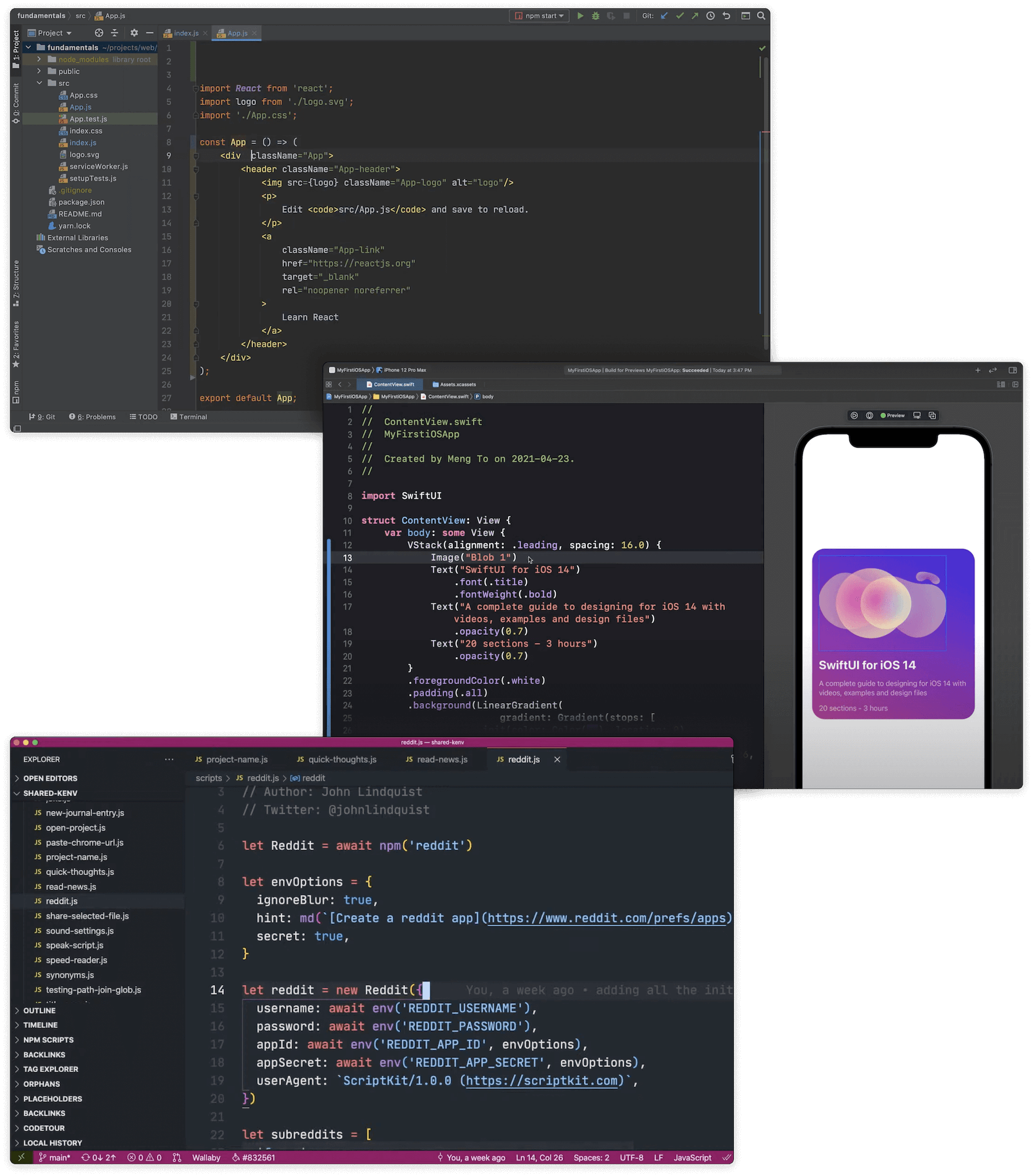 The standard text-heavy interfaces of WebStorm, xCode, and VSCode