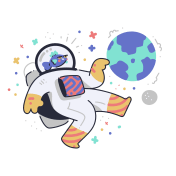 cartoon fish astronaut in colorful space looking down at the world