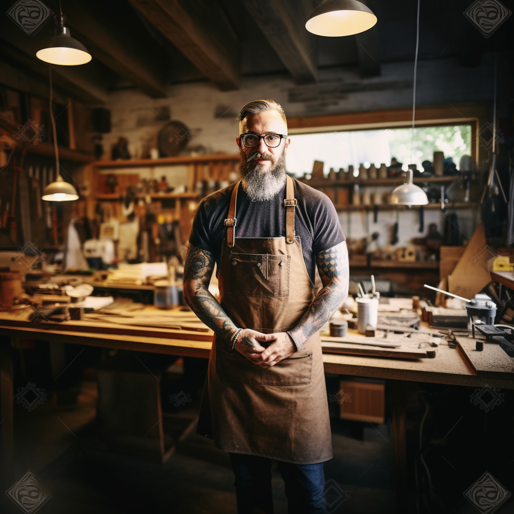 A compelling snapshot of Tyson deeply engrossed in his workshop, handcrafting a piece with meticulous attention to detail, reflecting his commitment to his art.