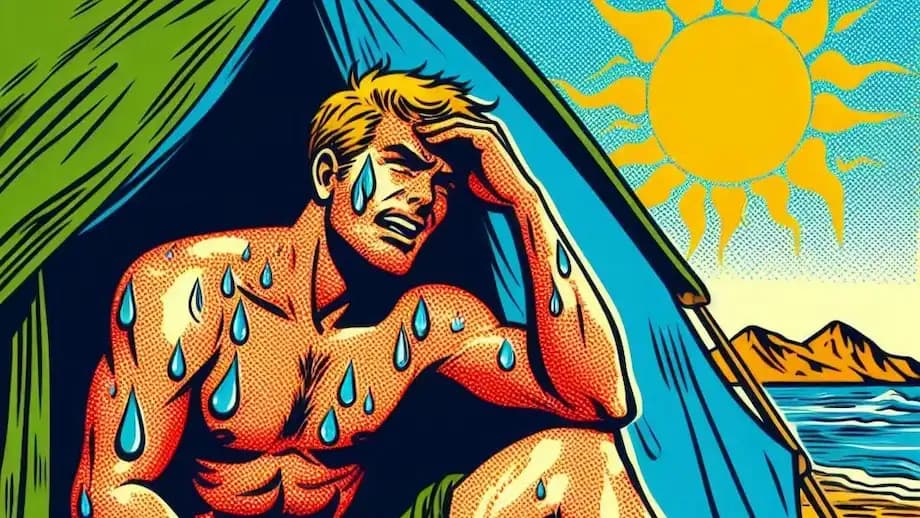 A camper sweating in a hot tent