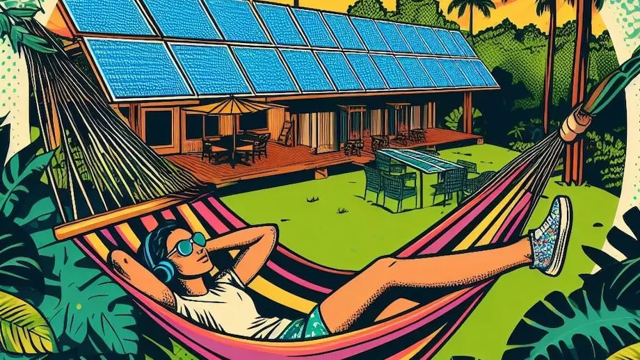 A traveler relaxing at an eco-friendly resort