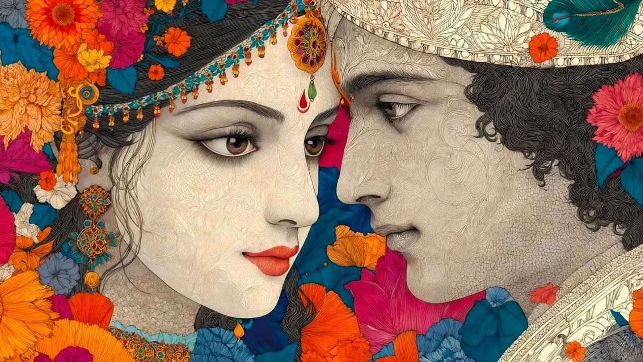 Illustrated portrait of two faces nose to nose, surrounded by orange, pink and blue flowers