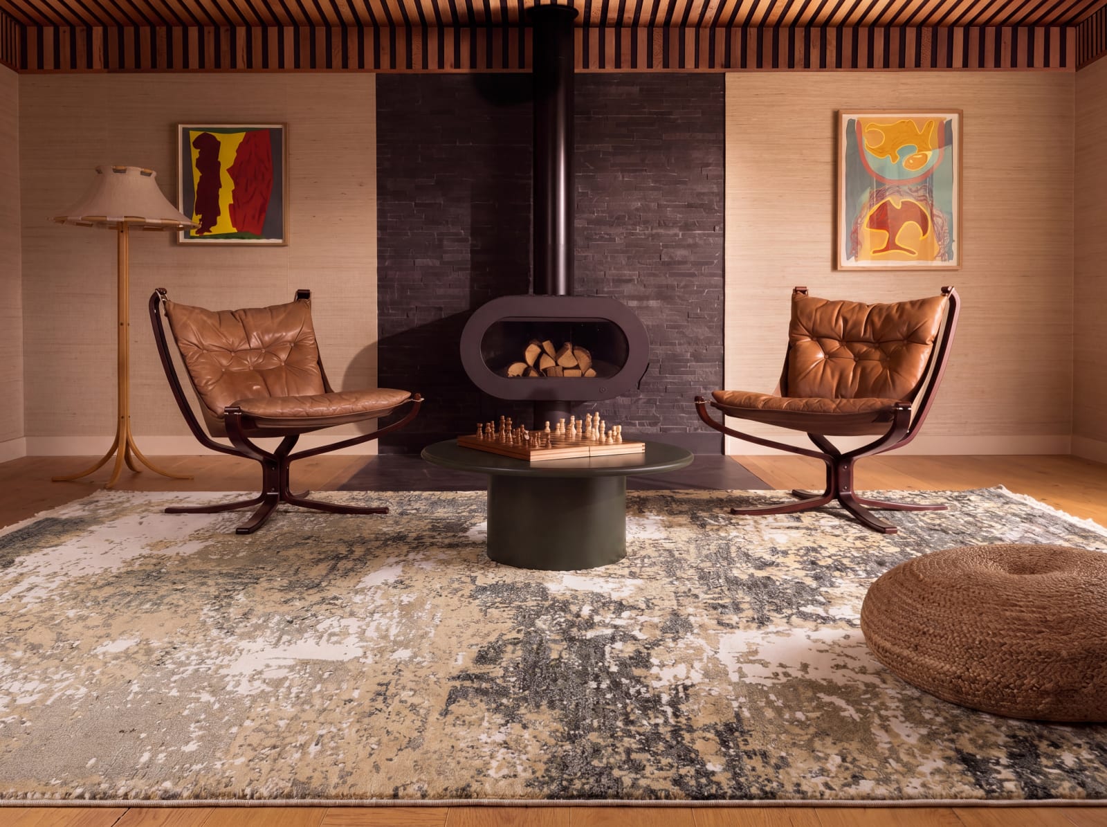 Modern rug shown in a furnished interior