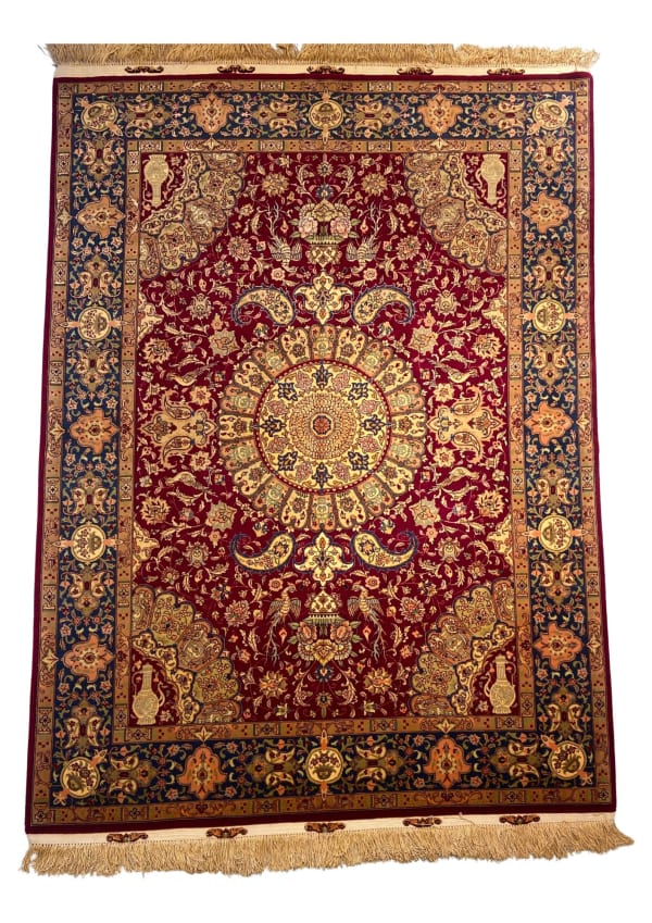 Qum Silk Floral Medallion with Bird & Vase Motifs, Qum persian rug, in burgundy, Pure Silk, 91x152 cm, Nasim Carpets Malaysia
