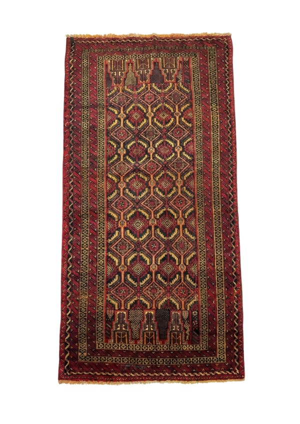 Balochi Prayer Lattice Rug, Balochi tribal rug, in red / burgundy, Wool, 106x213 cm, Nasim Carpets Malaysia