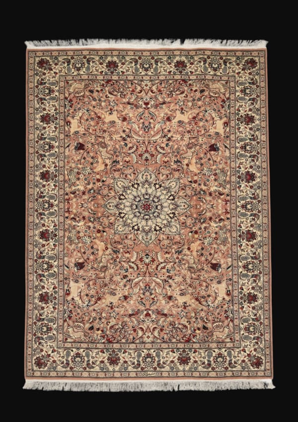 Isfahan-Style Animal Medallion, Pakistan collector-sale rug, in pink, Wool, 213x305 cm, Nasim Carpets Malaysia