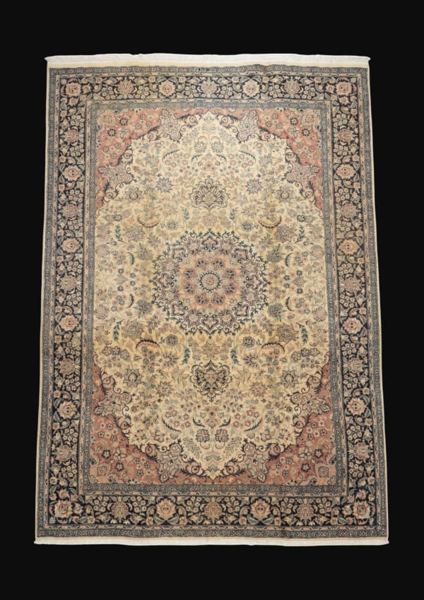 Vintage Kirman-Style Ivory Medallion, Pakistan collector-sale rug, in ivory, Wool, 213x305 cm, Nasim Carpets Malaysia