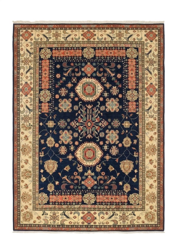 Afghan Kazak Medallion Navy, Afghanistan (Chobi-Kazak tradition) tribal rug, in navy blue, Wool, 244x299 cm, Nasim Carpets Malaysia
