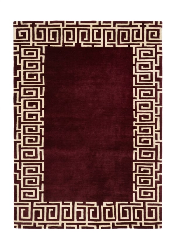 Tibetan Greek Key Burgundy, Nepal modern rug, in red, Silk and Wool, 152x216 cm, Nasim Carpets Malaysia