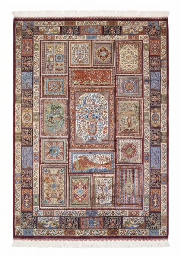 Qum Compartmental Garden Burgundy, Qum, Iran bespoke rug, in burgundy, Viscose, 91x152 cm, Nasim Carpets Malaysia