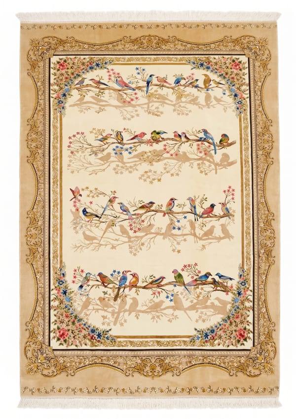 Qom Aviary Garden Ivory, Qom, Iran bespoke rug, in ivory, Wool, 91x152 cm, Nasim Carpets Malaysia
