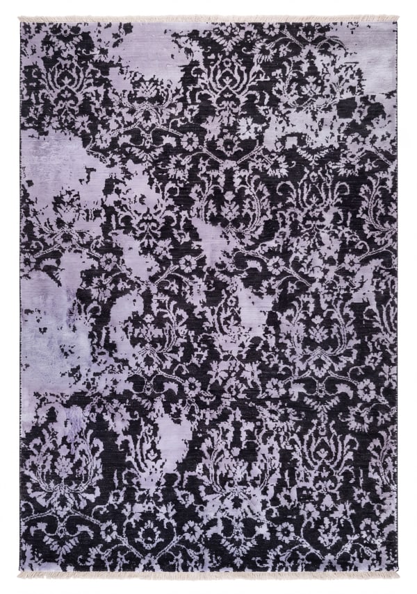 Indo-Persian Erased Damask Charcoal, Jaipur, India modern rug, in charcoal, Silk and Wool, 122x183 cm, Nasim Carpets Malaysia