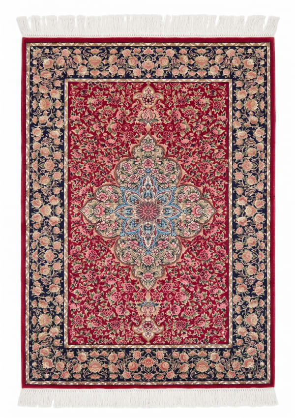 Qum Medallion Floral Crimson, Qum (Qom), Iran bespoke rug, in crimson red, Jute, 91x152 cm, Nasim Carpets Malaysia