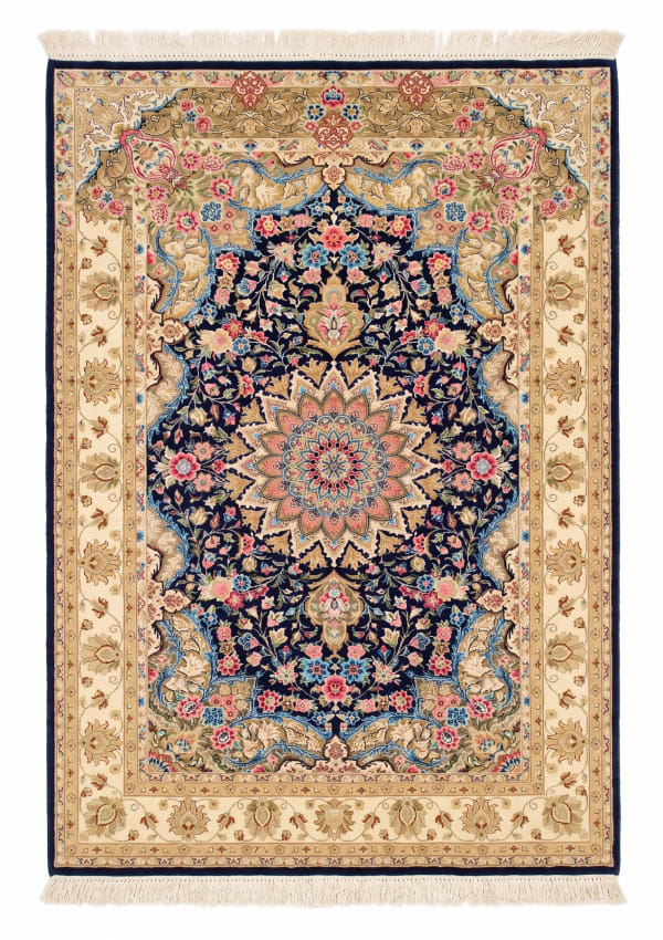 Qum Medallion Floral Navy, Qum (Qom), Iran bespoke rug, in midnight navy, Jute, 91x152 cm, Nasim Carpets Malaysia