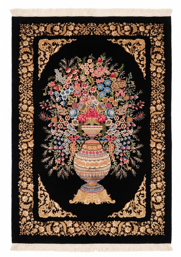 Isfahan Vase Bouquet Black, Isfahan, Iran bespoke rug, in jet black, Jute, 91x152 cm, Nasim Carpets Malaysia
