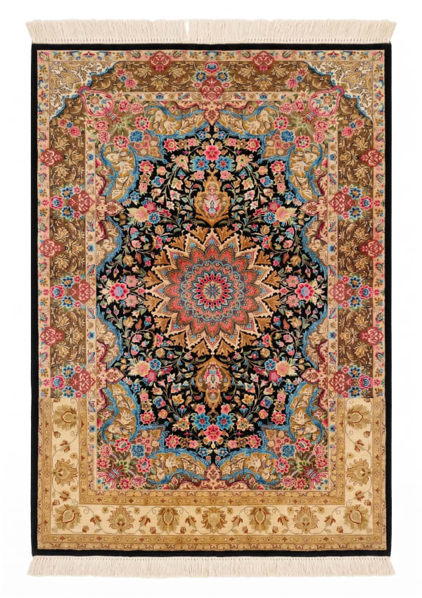 Qom Medallion Floral Black, Qom (Qum), Iran bespoke rug, in midnight black, Jute, 91x152 cm, Nasim Carpets Malaysia