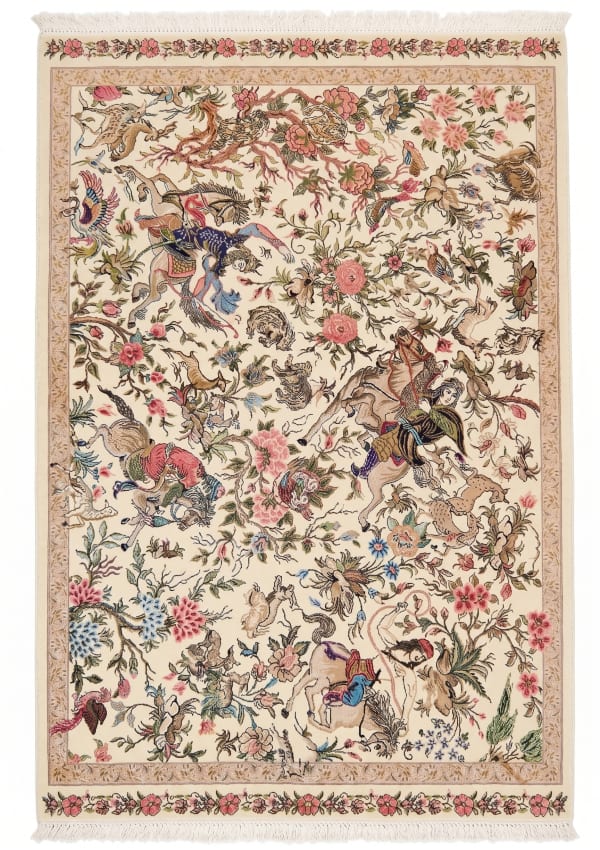 Isfahan Hunting Scene Ivory, Isfahan, Iran bespoke rug, in antique ivory, Jute, 91x152 cm, Nasim Carpets Malaysia